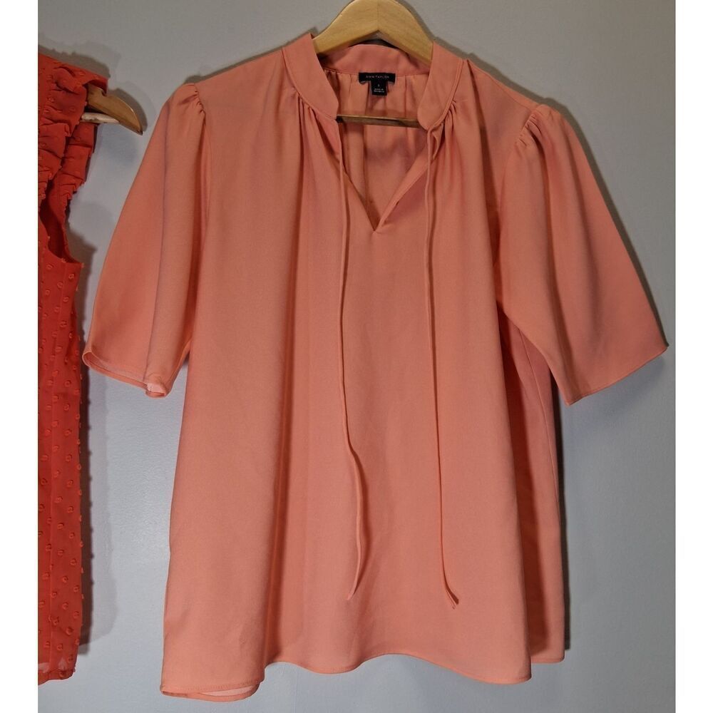 j.crew womens small Swiss dot orange blouse ann Taylor split neck top lot of 2 - Picture 3 of 12
